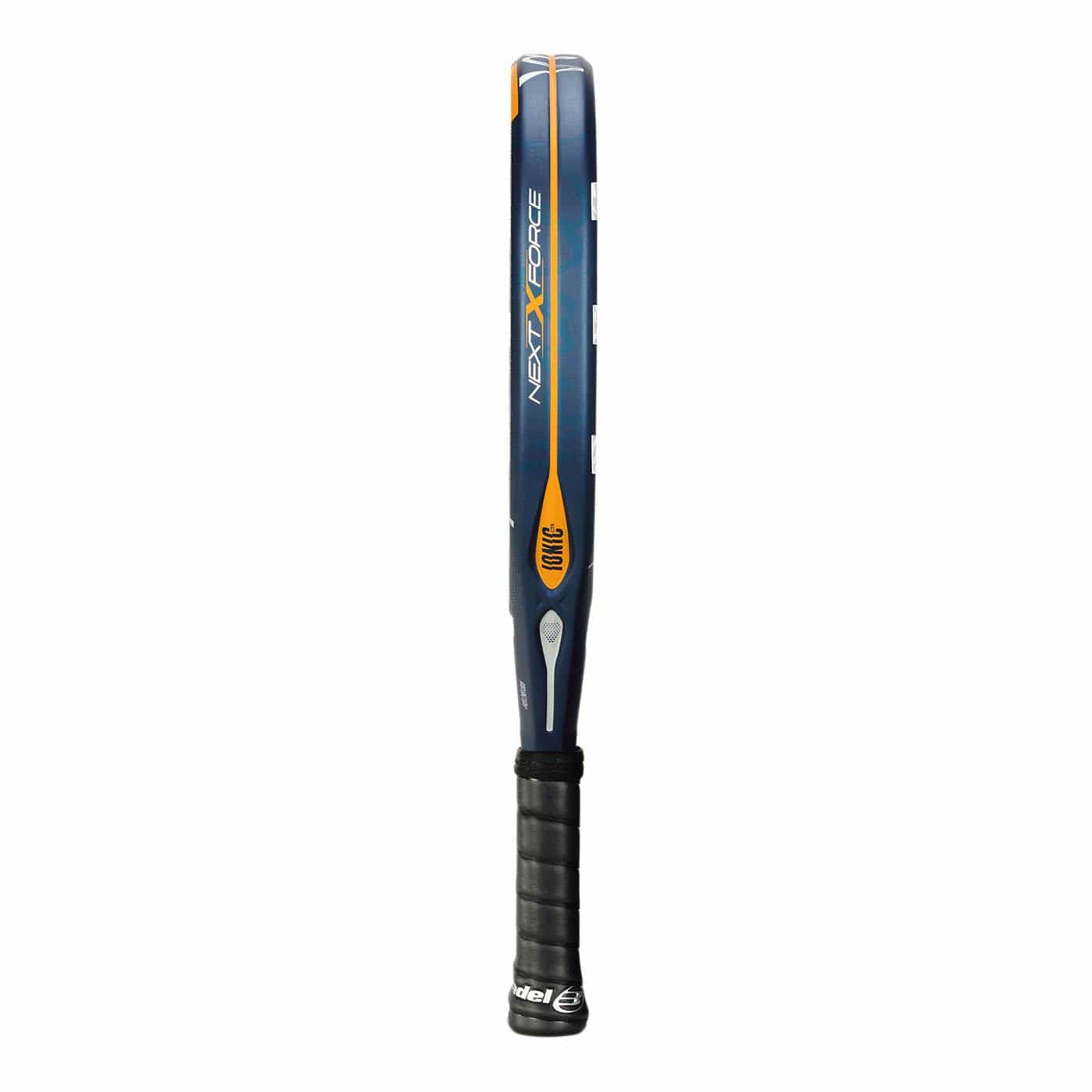 The Bullpadel Ionic Control 2025 Padel Racket stands upright with its handle at the bottom, strings facing sideways, and displays "Next Edge" branding—perfect for intermediate to advanced players.