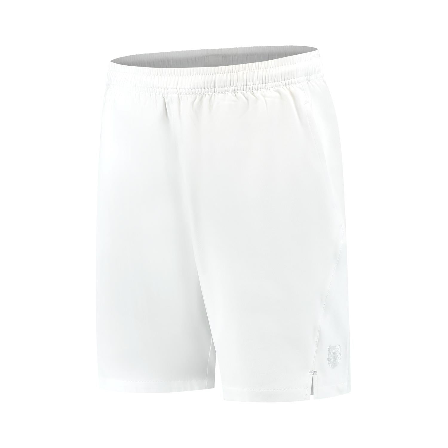 Men's K-Swiss Hypercourt 7" Padel Shorts in white are made from four-way stretch polyester, with an elastic waistband and a subtle logo on the lower right side. They're designed for comfort, perfect for padel or casual wear, and showcased on a plain white background.