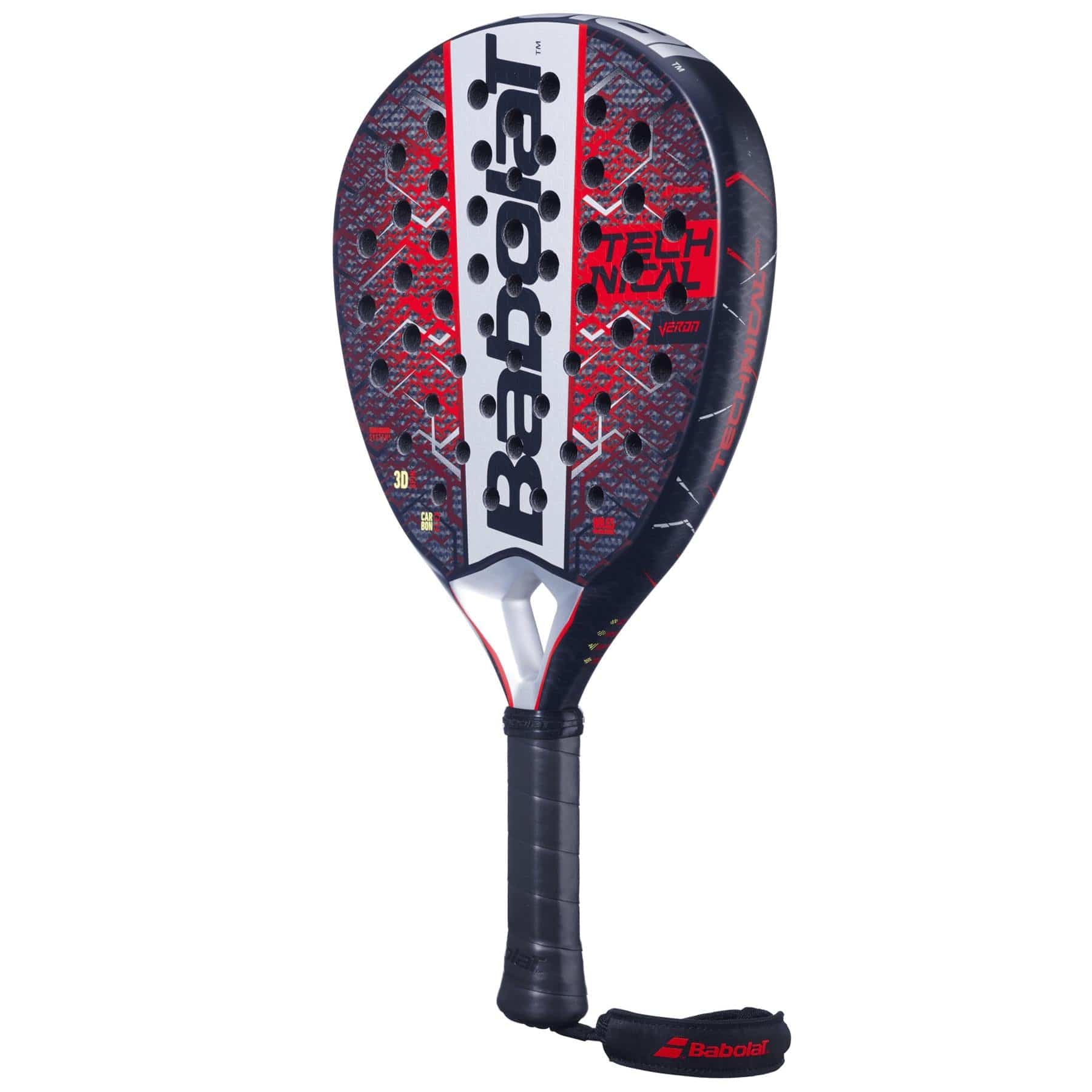The Babolat Technical Veron 2.5 Padel Racket by Babolat features a black, red, and white design with a prominent logo, textured face with multiple holes for power, and a handle wrapped in black grip.