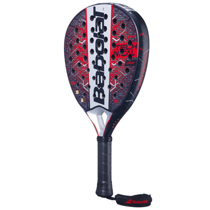 The Babolat Technical Veron 2.5 Padel Racket by Babolat features a black, red, and white design with a prominent logo, textured face with multiple holes for power, and a handle wrapped in black grip.