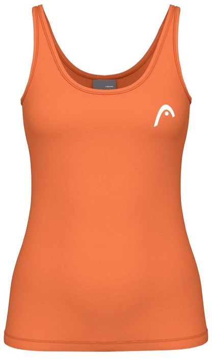 The HEAD Spirit II Women's Padel Tank Top - CN by HEAD is an orange sleeveless design with a scoop neckline and a small white logo on the left chest. Made from Moisture Transfer Microfiber, it provides cooling technology for enhanced comfort.