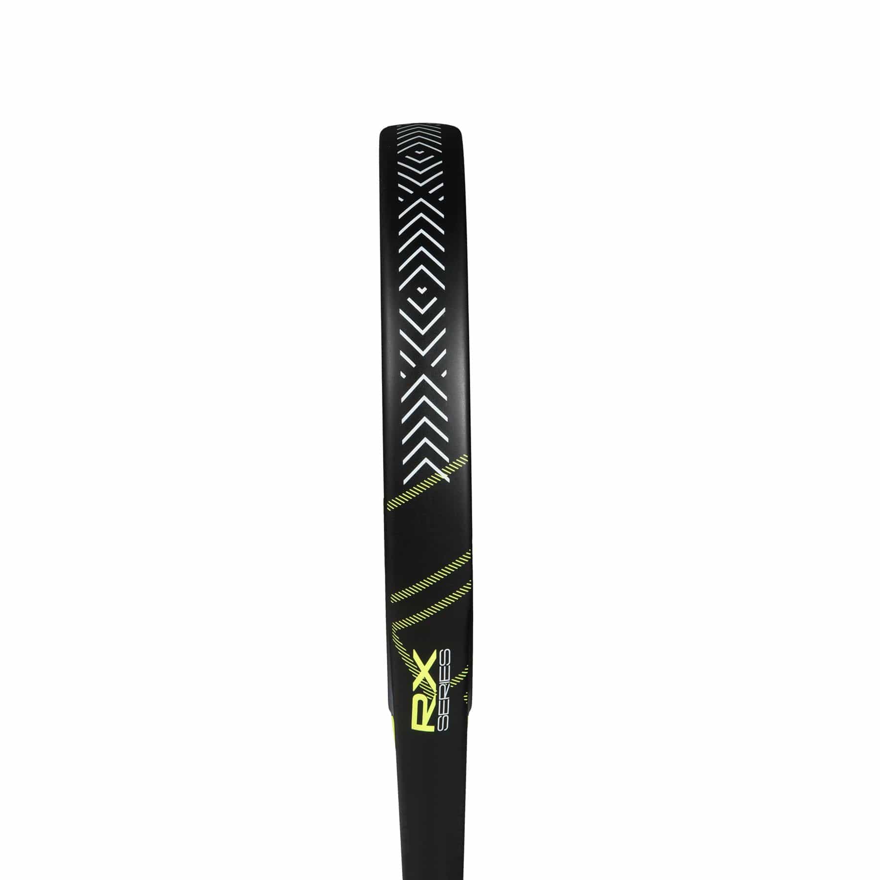 Close-up side view of the adidas RX Series Lime 3.4 Padel Racket, showcasing diagonal yellow lines, white chevron accents, and "RX SERIES" in yellow and white on the frame—ideal for intermediate padel players.