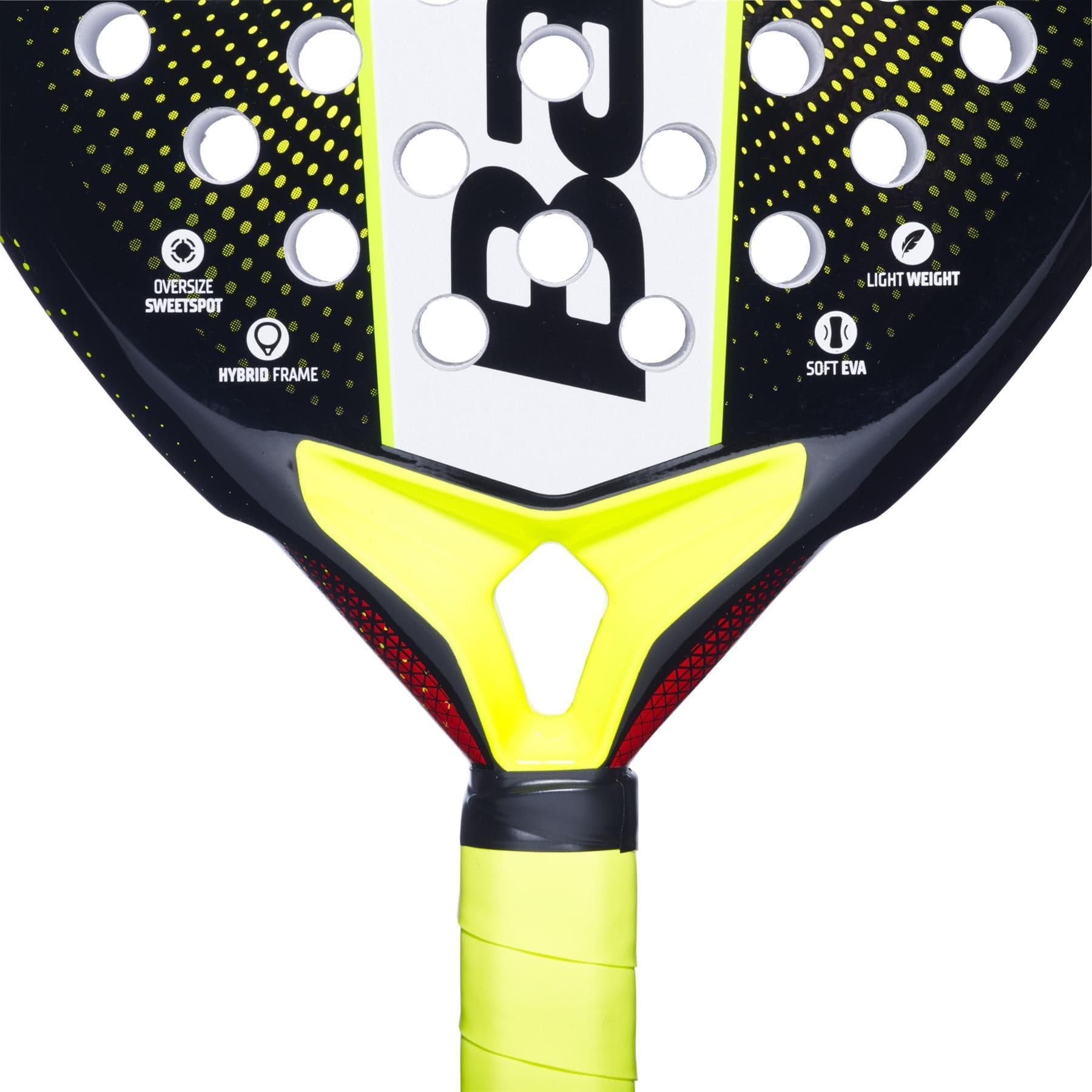 Close-up of the Babolat Counter Origin Padel Racket handle with a perforated head, oversized sweet spot, hybrid frame, lightweight build, and soft EVA. Bright yellow grip tape—ideal as a beginner-friendly control racket by Babolat.