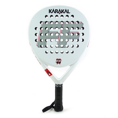 The Karakal FF 365 Padel Racket features a white design with a bold "FF" logo, circular holes for enhanced spin and control, the Karakal brand name at the top, a black grip, and wrist strap—perfect for intermediate players.