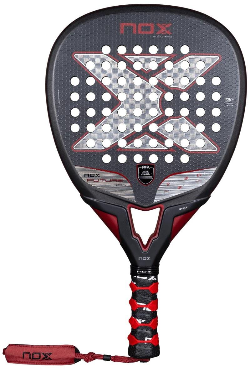The NOX NFA Future Attack 12K Alum Padel Racket, featuring a bold black and red design with a large X, round holes, and a color-matched handle and NOX strap, delivers both power and control on the court.