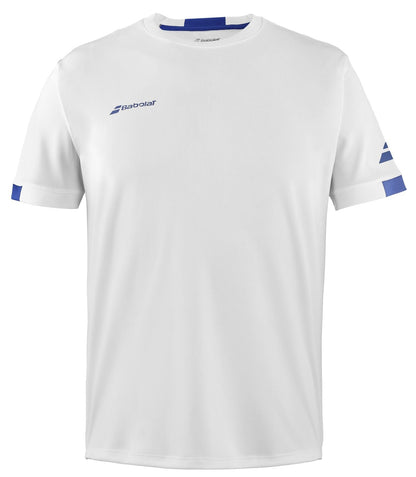 The Babolat Play Men's Crew Neck Padel T-Shirt in white is made from recycled polyester and features a discreet logo on the left chest along with blue stripe accents on the short sleeves.