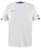The Babolat Play Men's Crew Neck Padel T-Shirt in white is made from recycled polyester and features a discreet logo on the left chest along with blue stripe accents on the short sleeves.