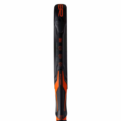 Close-up of a black and orange ski edge, highlighting technical markings and side profile—precision reminiscent of the adidas ADIDAS Adipower CTRL 3.3 Padel Racket. Visible branding is featured along the top.