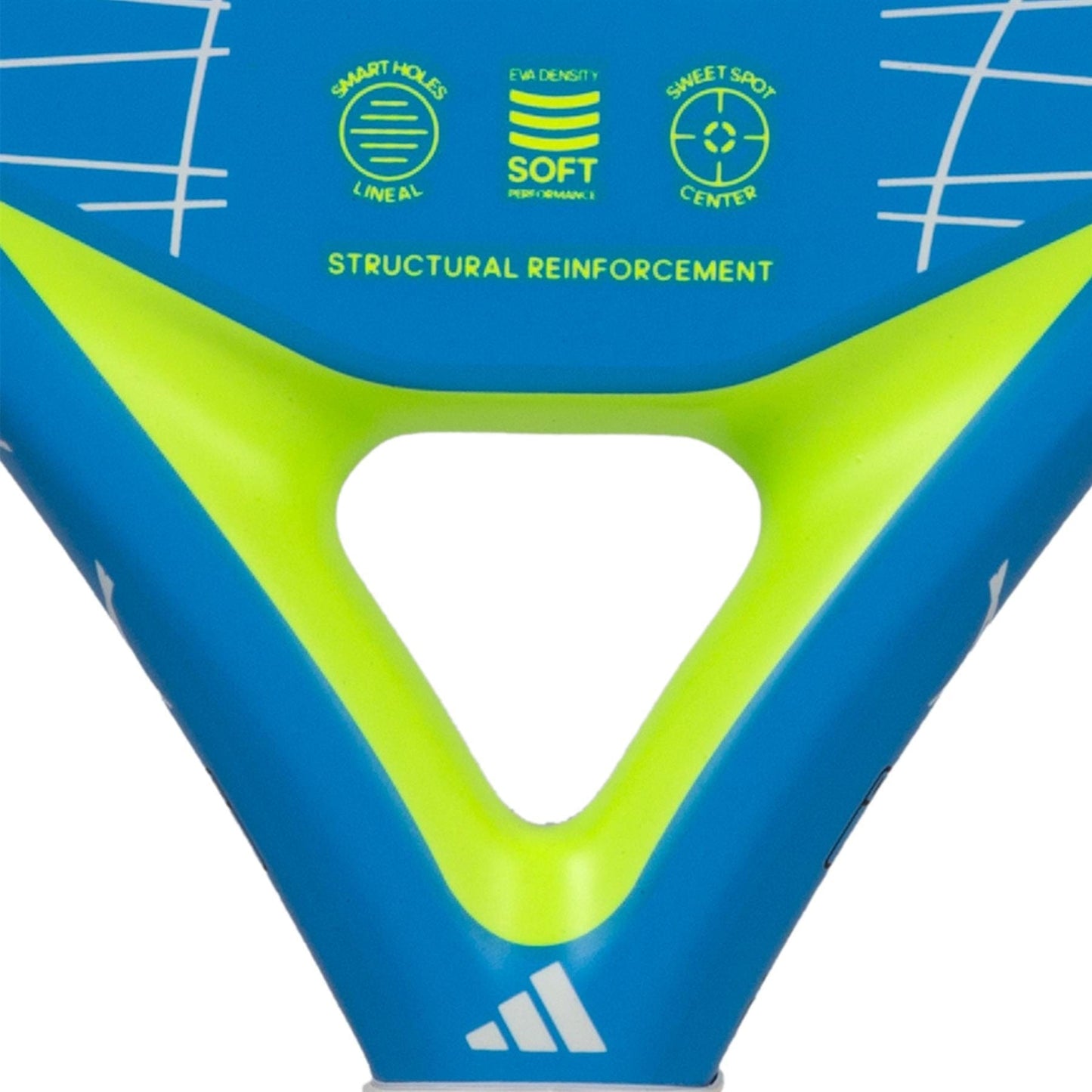 Close-up of the adidas Drive 3.3 Blue Padel Racket, a beginner’s model in blue and neon yellow. Features include smart holes, EVA soft density, sweet spot center, and structural reinforcement; adidas logo at the bottom.