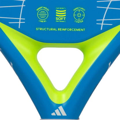 Close-up of the adidas Drive 3.3 Blue Padel Racket, a beginner’s model in blue and neon yellow. Features include smart holes, EVA soft density, sweet spot center, and structural reinforcement; adidas logo at the bottom.