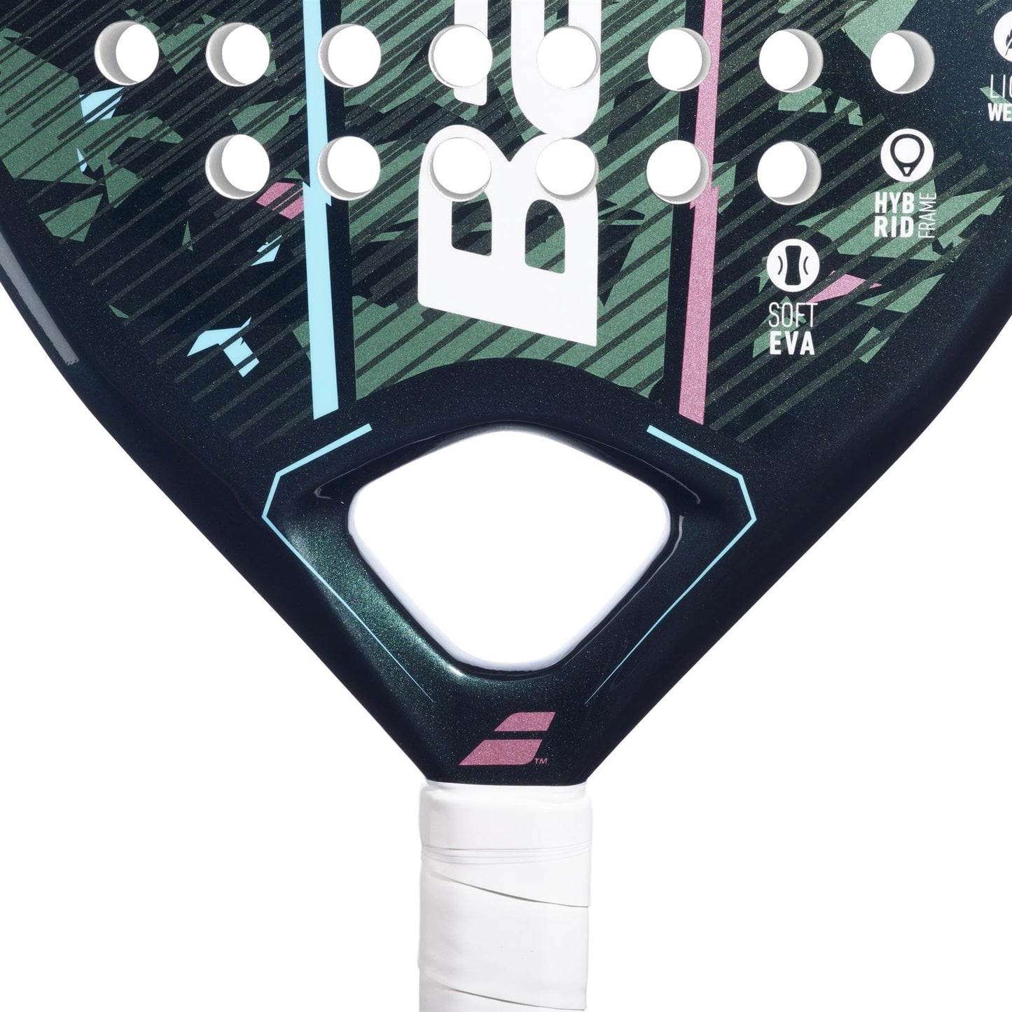 Close-up of the Babolat Reveal Padel Racket by Babolat—lightweight, with white grip tape and colorful geometric graphics. Features "Soft EVA" and "Hybrid" logos, making it an ideal padel racket for beginners.