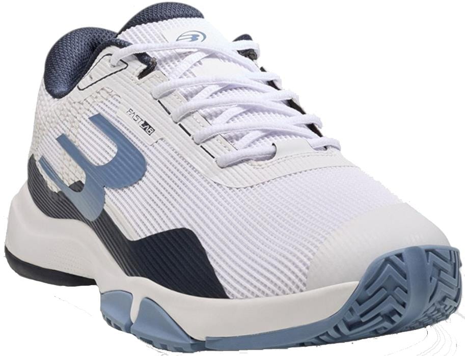 The Bullpadel Hybrid Fly 26V Men's Padel Shoes in white feature blue and navy accents, a textured mesh upper, lace-up closure, and hybrid outsole—ideal lightweight court shoes from Bullpadel for grip and support.
