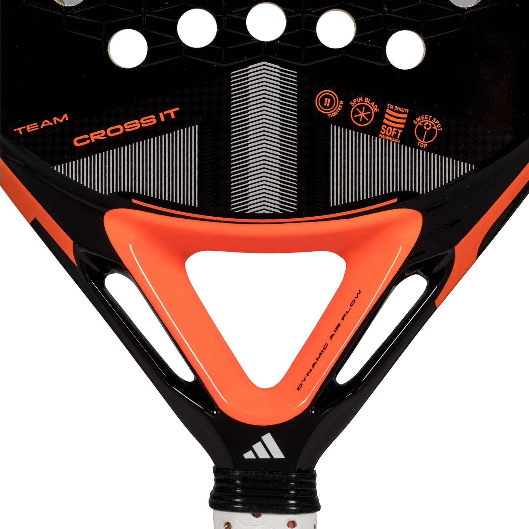 Close-up of the adidas Cross It Team 3.4 Padel Racket, designed for advanced play with a balance of power and control, showcasing geometric patterns, multiple round holes near the top, and a white adidas logo by the handle.