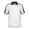 Introducing the HEAD Performance Play Tech Men's Polo Shirt - WHCE: a stylish white polo featuring distinctive black panels on the shoulders and green accents on the sleeves. Designed by HEAD for enhanced breathability, it includes a classic collar, a slightly open placket for added comfort, and a subtle logo on the left chest.