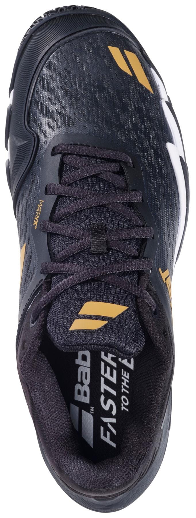 Babolat Premura 3 Men's Padel Shoes in black and gold feature a stylish upper, black laces, and insole text reading "Babolat FASTER TO THE." Gold and white accents add to the sleek look of this Babolat padel shoe.