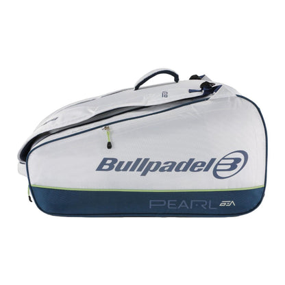 The Bullpadel Pearl 25 Padel Racket Bag in white features an aerodynamic design inspired by Bea González, complete with "Pearl" branding. This bag offers convenient storage with a zippered side compartment.