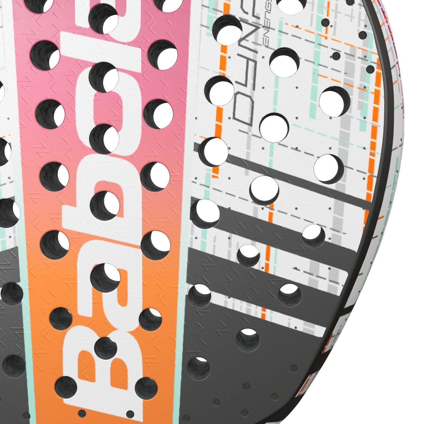 Close-up of the Babolat Dyna Energy Padel Racket’s face, showcasing its vibrant orange, pink, and gray striped gradient design with black and white accents—an ideal lightweight choice for women players.