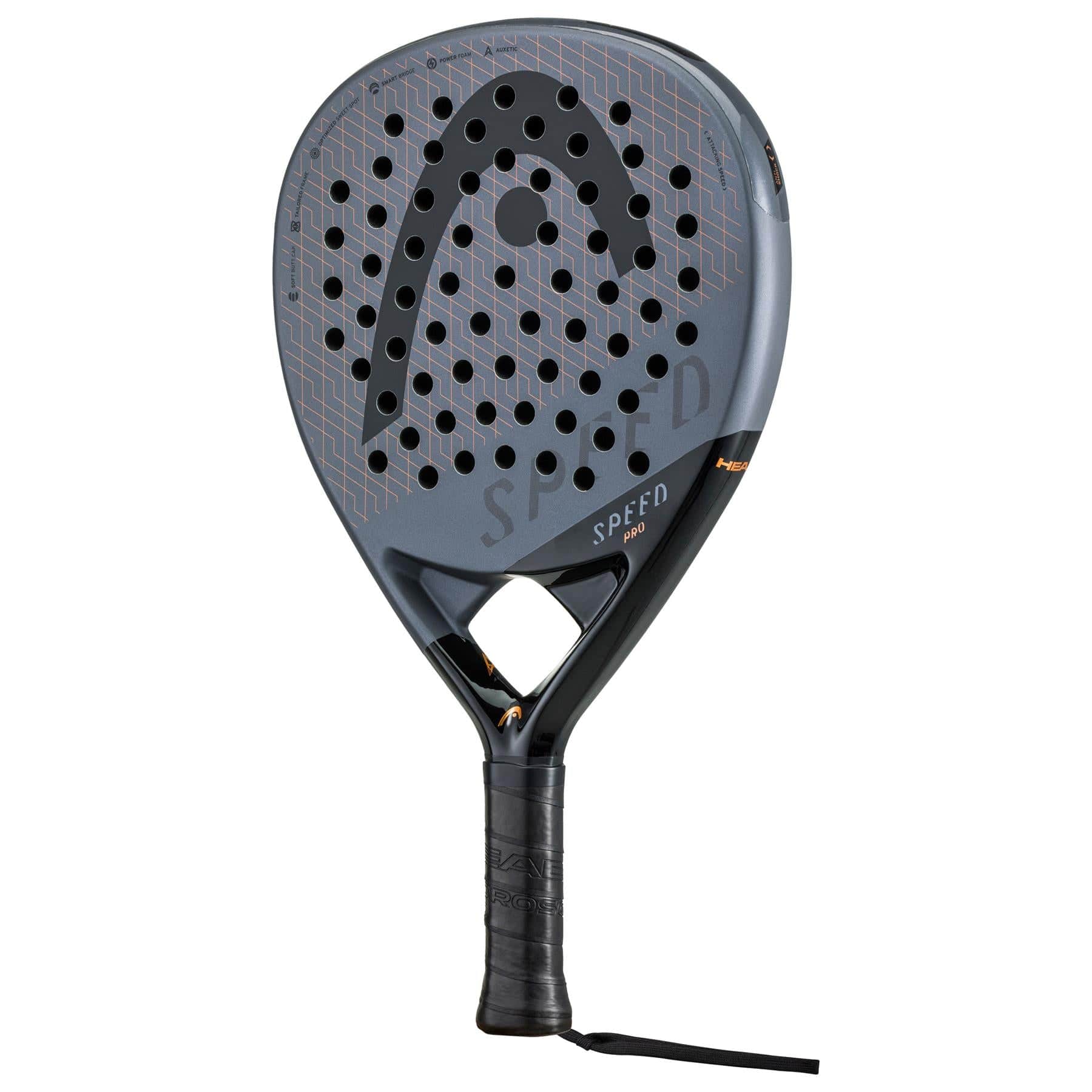 The HEAD Speed Pro 2023 Padel Racket by HEAD features a black and gray design, perforated face, prominent logos, wrapped handle with wrist strap, and Auxetic technology for improved power and control.