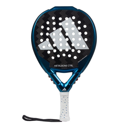 The adidas Metalbone CTRL 3.3 Padel Racket is blue and black with a white handle, wrist strap, large adidas stripes, and circular holes—perfect for advanced players who value precision.