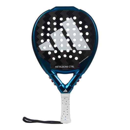 The adidas Metalbone CTRL 3.3 Padel Racket is blue and black with a white handle, wrist strap, large adidas stripes, and circular holes—perfect for advanced players who value precision.