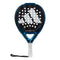 The adidas Metalbone CTRL 3.3 Padel Racket is blue and black with a white handle, wrist strap, large adidas stripes, and circular holes—perfect for advanced players who value precision.