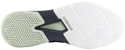 Close-up of the HEAD Motion Team 1.5 Mens Padel Shoes outsole in blue/green, showing a geometric tread pattern in white and light green rubber with "HEAD" embossed at the midfoot—ideal padel footwear from HEAD.