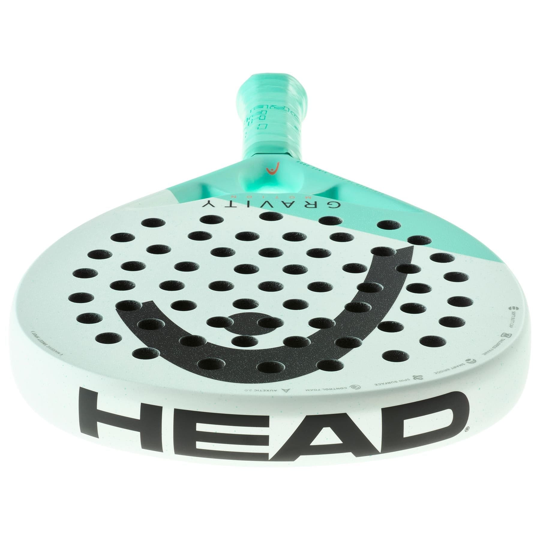 A close-up of the HEAD Gravity Motion 2024 Padel Racket highlights its advanced Spin Surface and innovative Auxetic 2.0 technology.