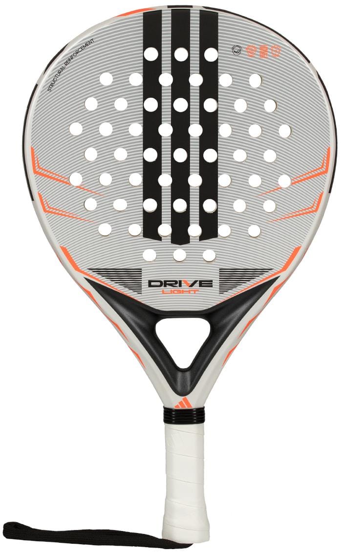 The adidas Drive Light 2026 padel racket features a round shape, white and black design with orange accents, multiple circular holes, and a black wrist strap attached to its white handle.