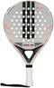 The adidas Drive Light 2026 padel racket features a round shape, white and black design with orange accents, multiple circular holes, and a black wrist strap attached to its white handle.