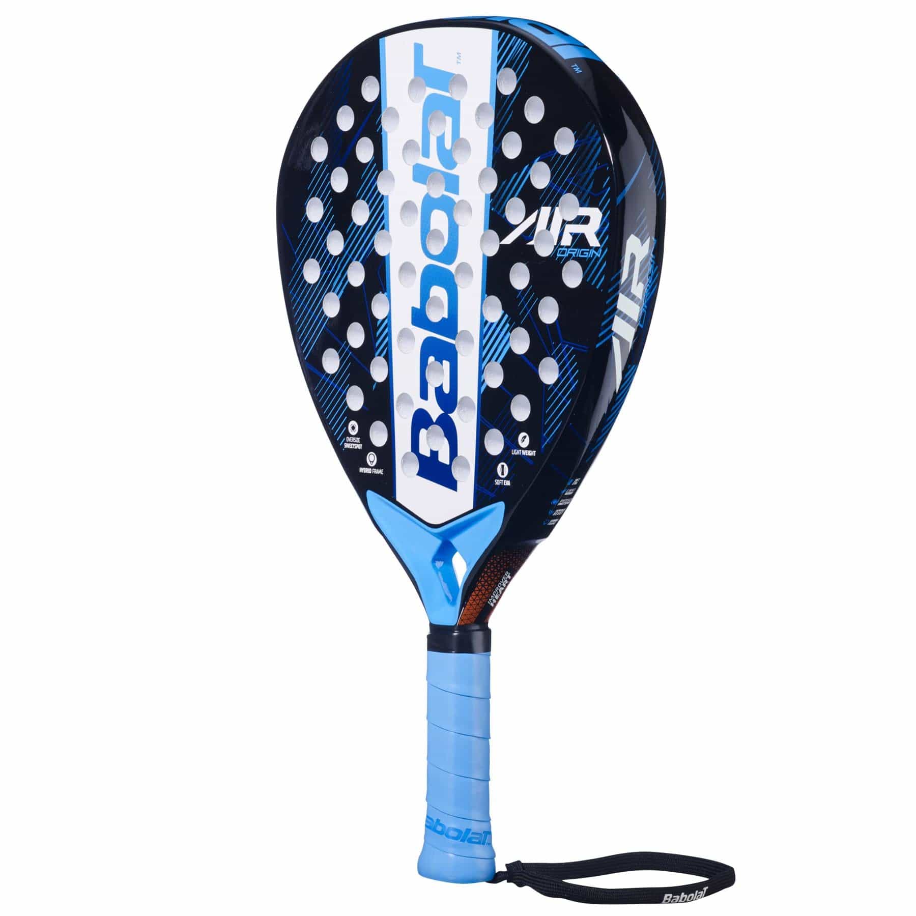 The Babolat Air Origin Padel Racket features a blue and black design with white branding, textured surface, holes, a blue grip, and black wrist strap—ideal for beginners seeking an easy-to-use padel racket.