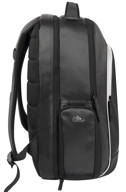 The NOX Pro Series Padel Backpack - Black by NOX has padded straps, a spacious main compartment, multiple zippered pockets including a front pocket, and breathable mesh padding on the back for comfort.