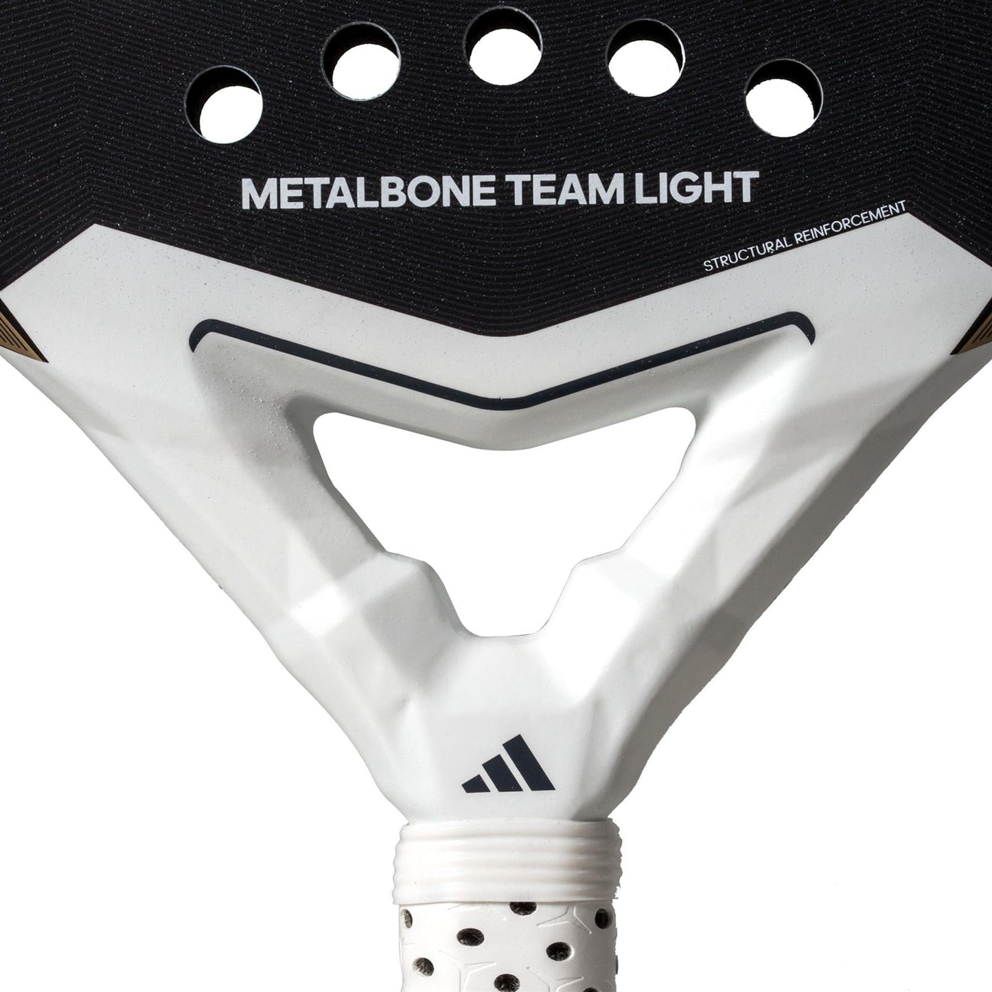 Close-up of the adidas Metalbone Team Light 3.4 Padel Racket's upper handle and lower face, showing perforated holes and textured detailing—perfect for advanced players who value precision and speed.