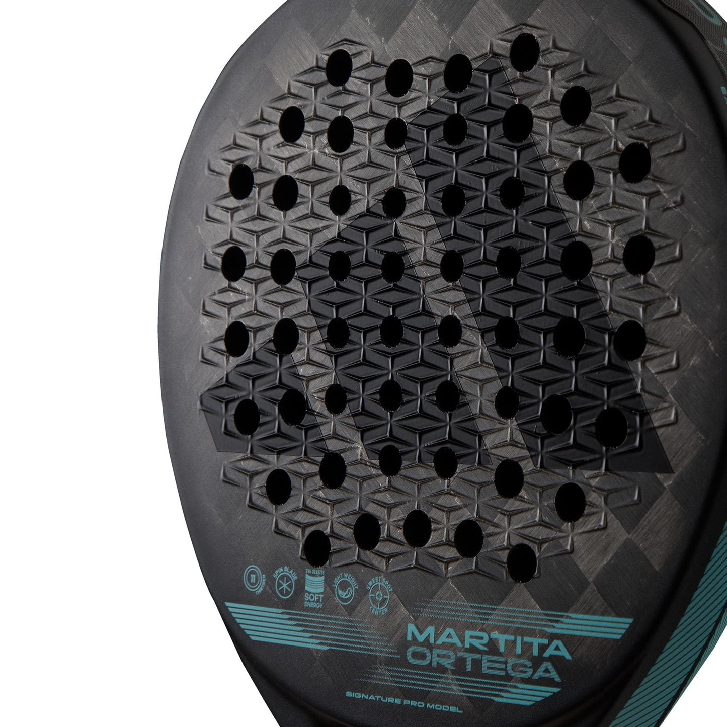 Close-up of the adidas Cross It Light Padel Racket face, featuring a geometric hole pattern and textured Spin Blade Mold. “Martita Ortega” and technical specs appear in turquoise at the bottom. Shown on a white background.