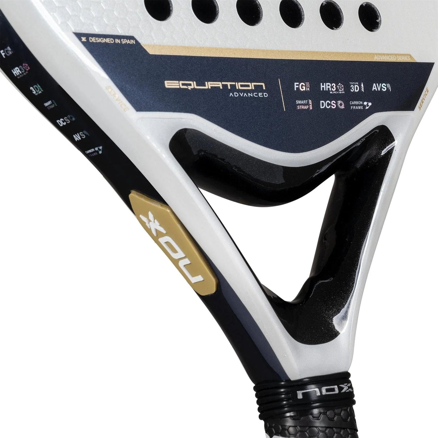 Close-up of a NOX Equation Advance Series Padel Racket for intermediate players, showing the NOX logo, model name, and unique frame design near the handle in an elegant black, white, and gold color scheme.