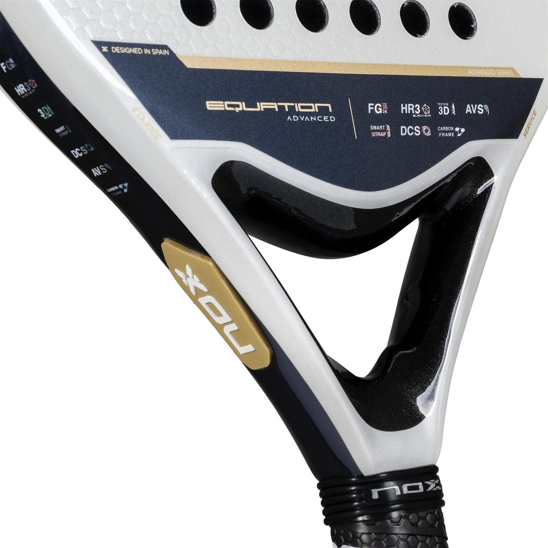 Close-up of a NOX Equation Advance Series Padel Racket for intermediate players, showing the NOX logo, model name, and unique frame design near the handle in an elegant black, white, and gold color scheme.