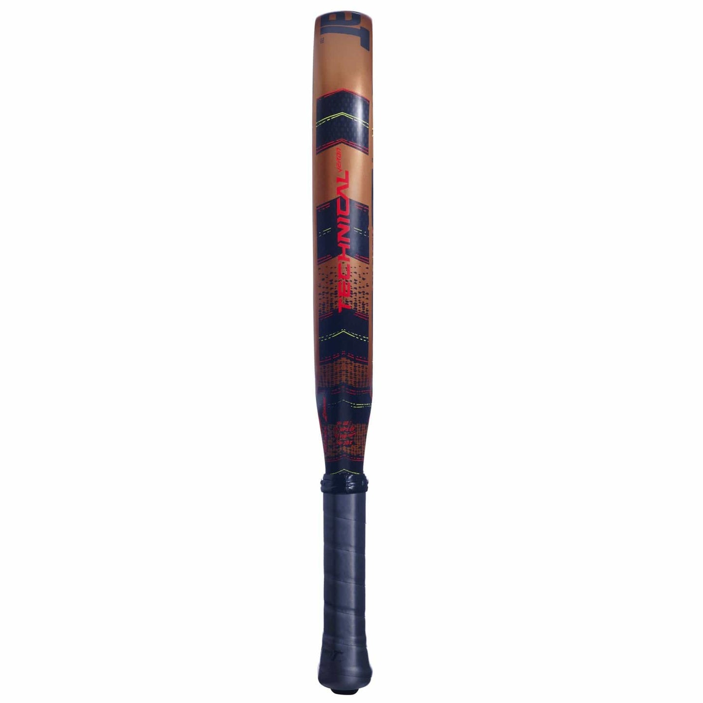 The Babolat Technical Veron Padel Racket by Babolat features geometric red, orange, and black designs on its barrel, a carbon flex construction for power and precision, and a textured black handle grip. It stands upright on a white background.