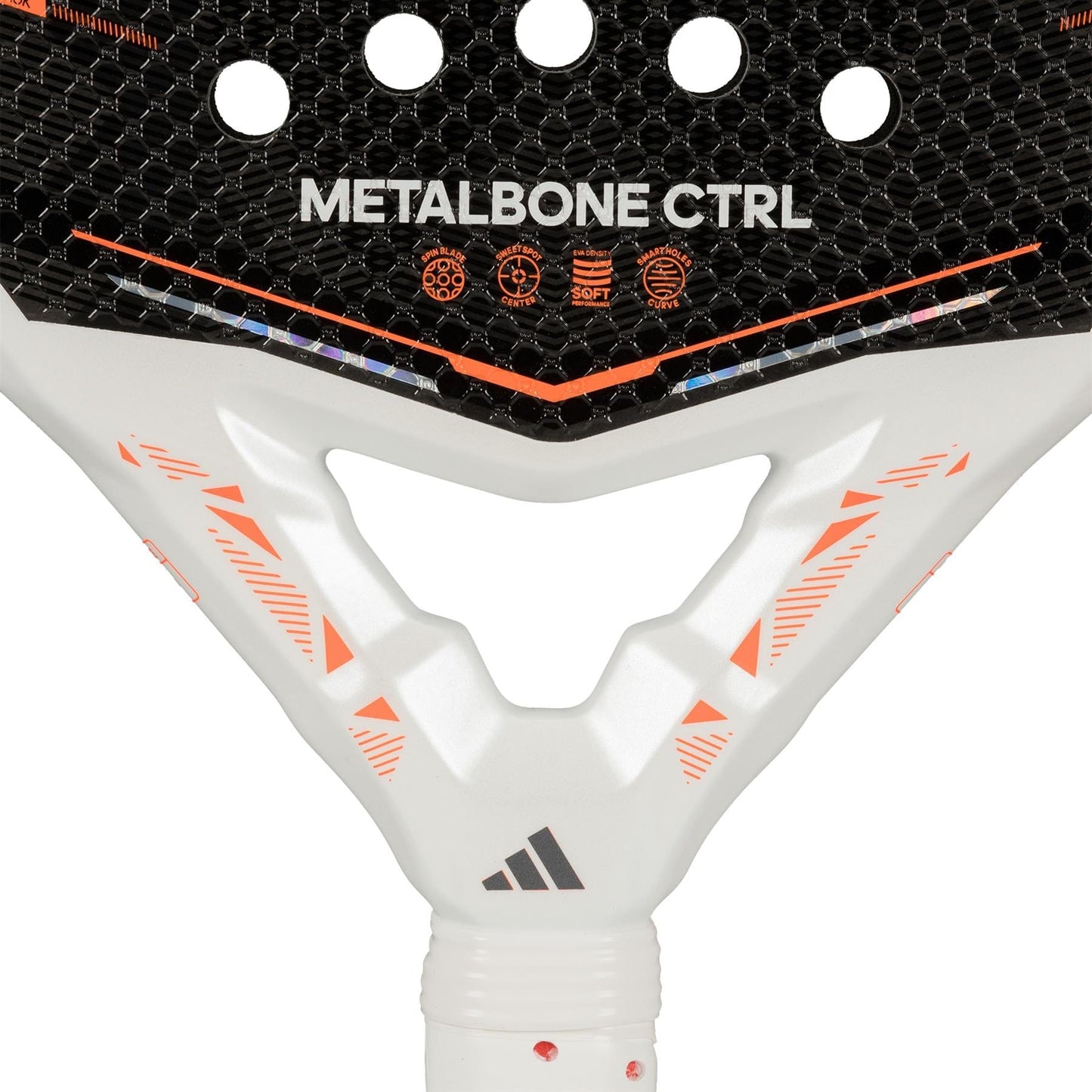 Close-up of the adidas Metalbone Ctrl 2026 padel racket, highlighting "METALBONE CTRL" text, face icons, an innovative adjustable weight system, and a white handle with orange accents featuring the adidas logo.