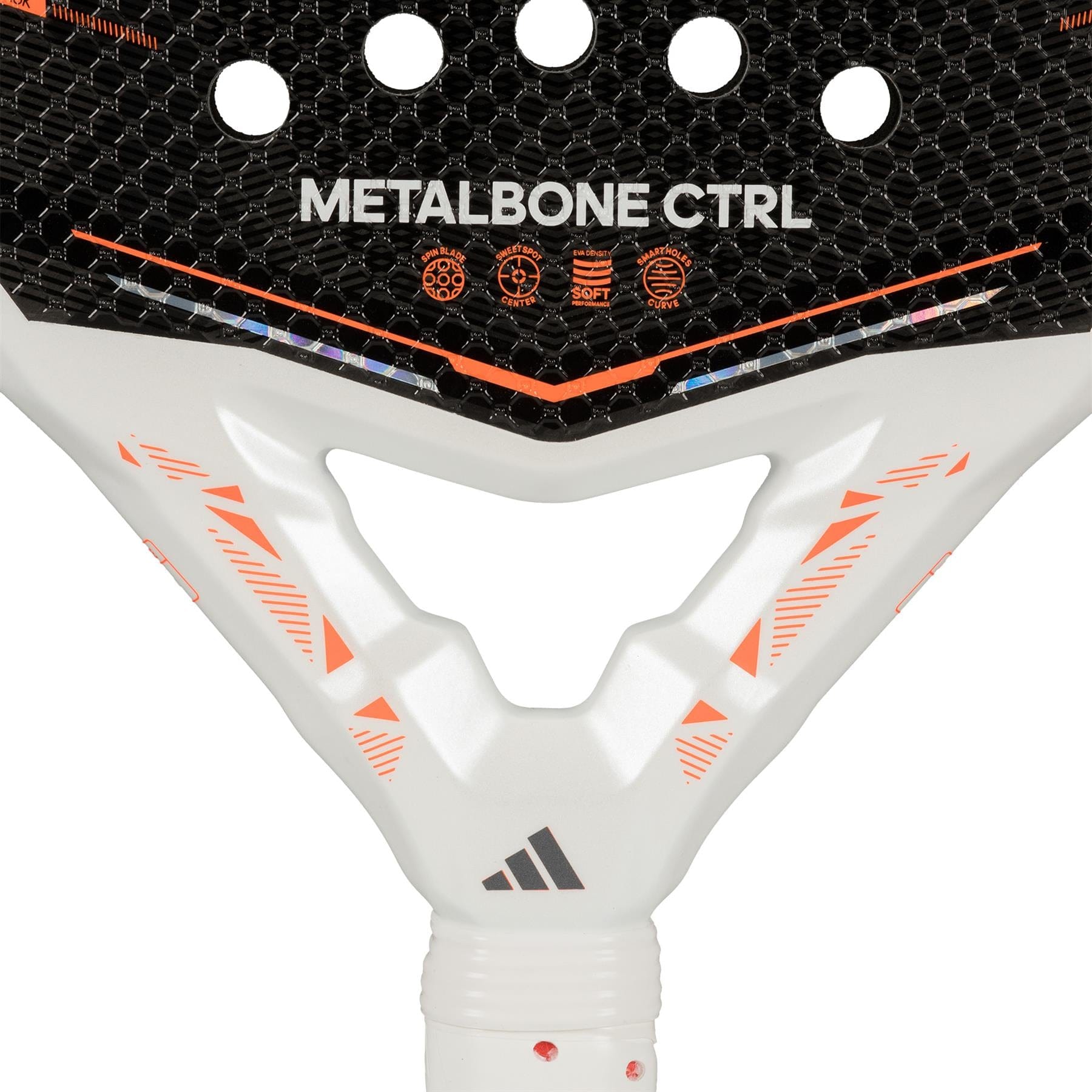 Close-up of the adidas Metalbone Ctrl 2026 padel racket, highlighting "METALBONE CTRL" text, face icons, an innovative adjustable weight system, and a white handle with orange accents featuring the adidas logo.