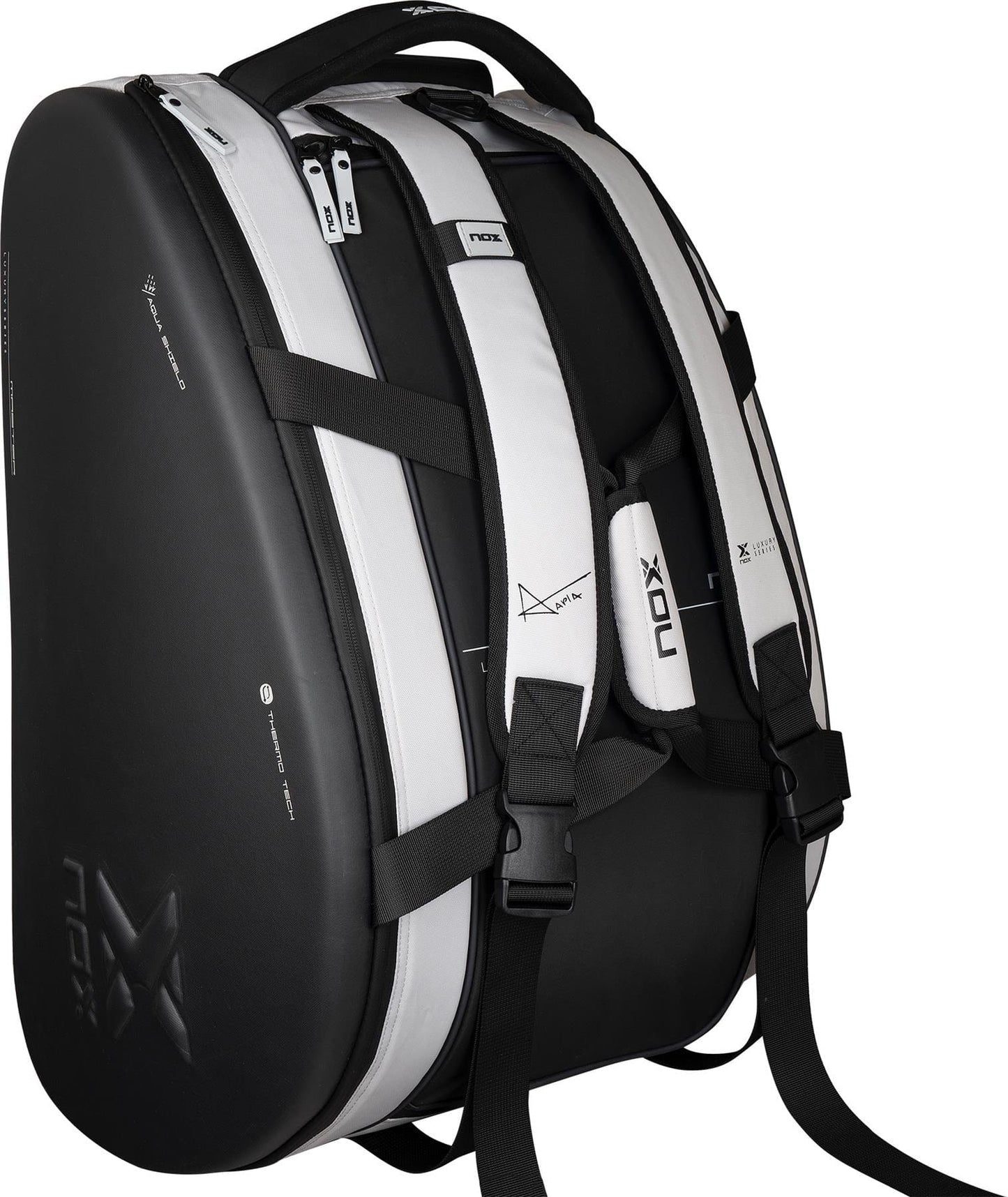 The NOX Luxury Master Series Padel Racket Bag in black and white features padded straps, multiple zippers, a hard-shell exterior, and stands upright to showcase its structure—ideal for carrying your padel equipment.