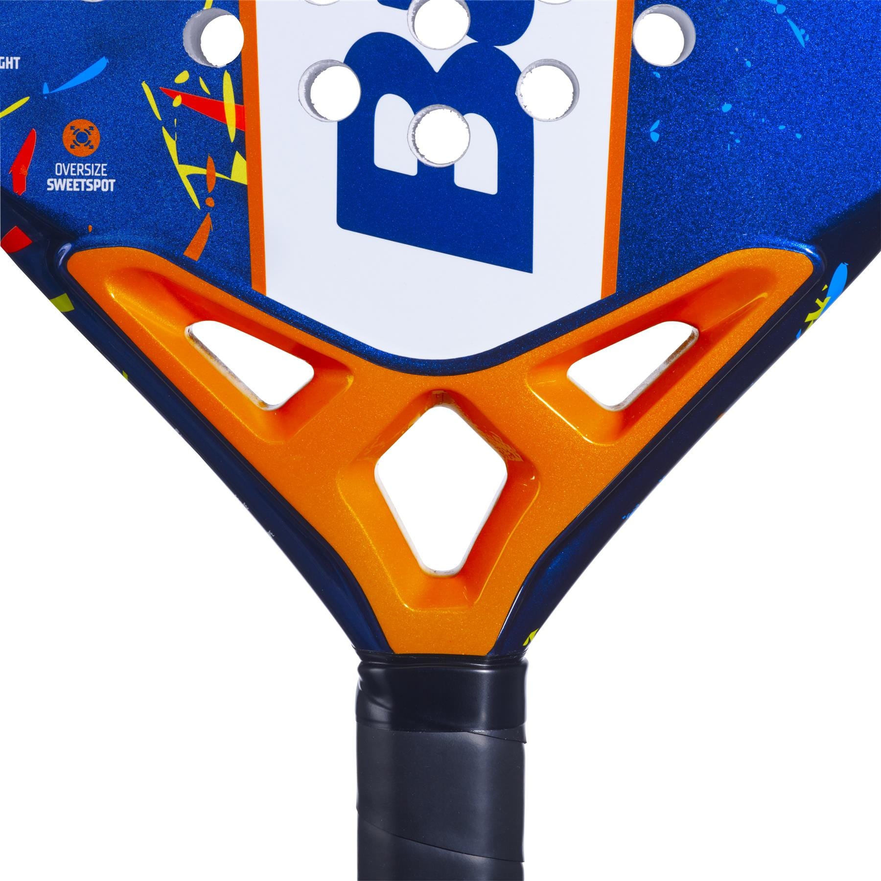 Close-up of the Babolat Alioth Junior Padel Racket shows geometric cutouts, colorful accents, and “OVERSIZE SWEETSPOT” by the hitting surface—making it a stylish choice for junior players.