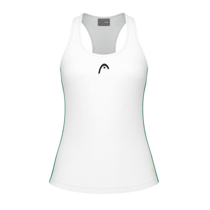 The HEAD Spirit Women's Padel Tank Top by HEAD showcases a white sleeveless design with a centrally placed black logo, enhanced by green accents. Made with Moisture Transfer Microfibre for superior breathability, this tank features a racerback style that combines comfort and fashion.