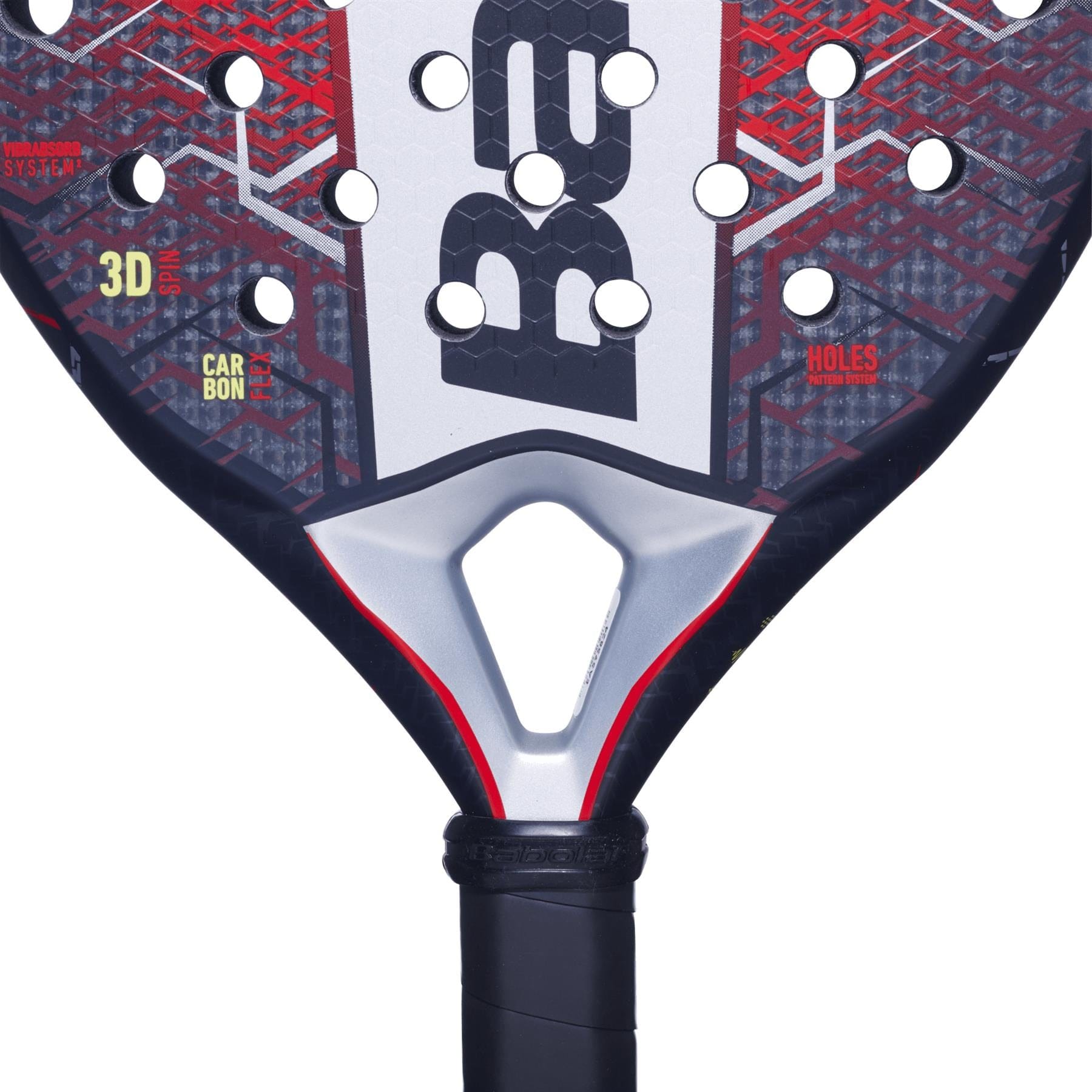 Close-up of the Babolat Technical Veron 2.5 Padel Racket showcasing its black, red, and white design with honeycomb patterns, round holes, dynamic power features, brand markings, and a partially visible handle at the bottom.