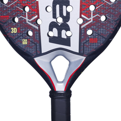 Close-up of the Babolat Technical Veron 2.5 Padel Racket showcasing its black, red, and white design with honeycomb patterns, round holes, dynamic power features, brand markings, and a partially visible handle at the bottom.