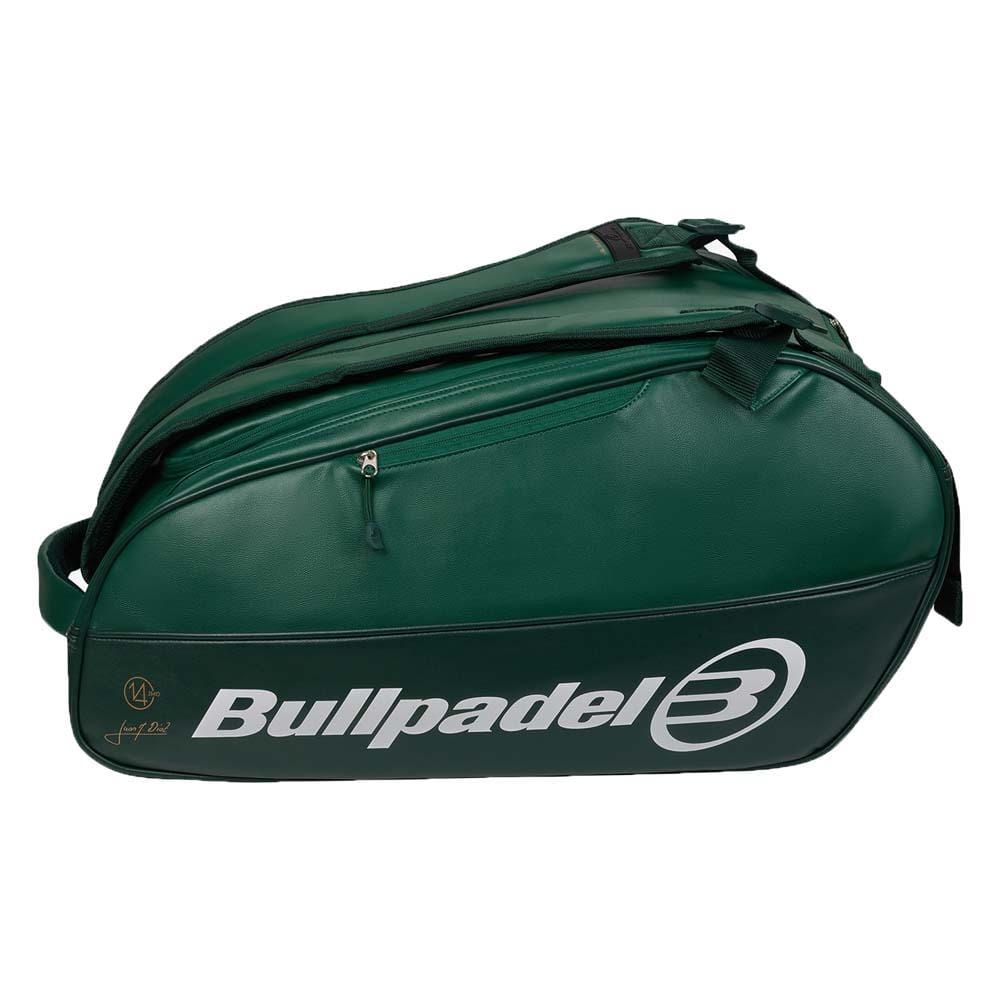 The Bullpadel BPP26023 Icon Padel Racket Bag in green features a side zipper pocket, carrying strap, and bold white Bullpadel logo—ideal for Juan Martín Díaz fans.