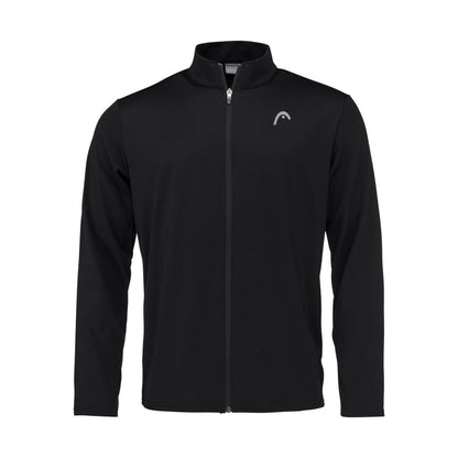 A black long-sleeve jacket from HEAD, featuring a full front zipper and standing collar. Designed with Moisture Transfer Microfiber technology, it has a subtle white logo on the left chest. This sporty and minimalist piece is the perfect match for your favorite padel tracksuit, embodying both style and functionality in the HEAD Club Men's Easy Court Tracksuit - Black collection.