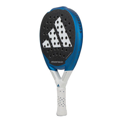 The adidas Metalbone Team Light 3.3 Padel Racket features a blue and black design, perforated face, Adidas logo, and a white grip with dotted overgrip—ideal for players wanting a lightweight racket.