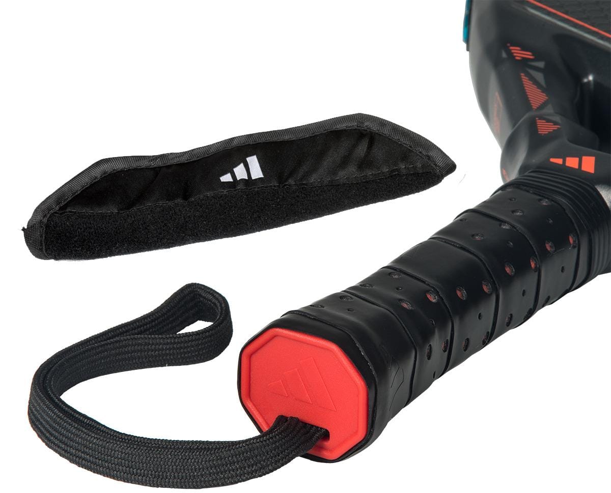 Close-up of the adidas Metalbone HRD+ by Ale Galán 2026 Padel Racket handle with wrist strap beside a black adidas cover—ideal for power players inspired by Ale Galán.
