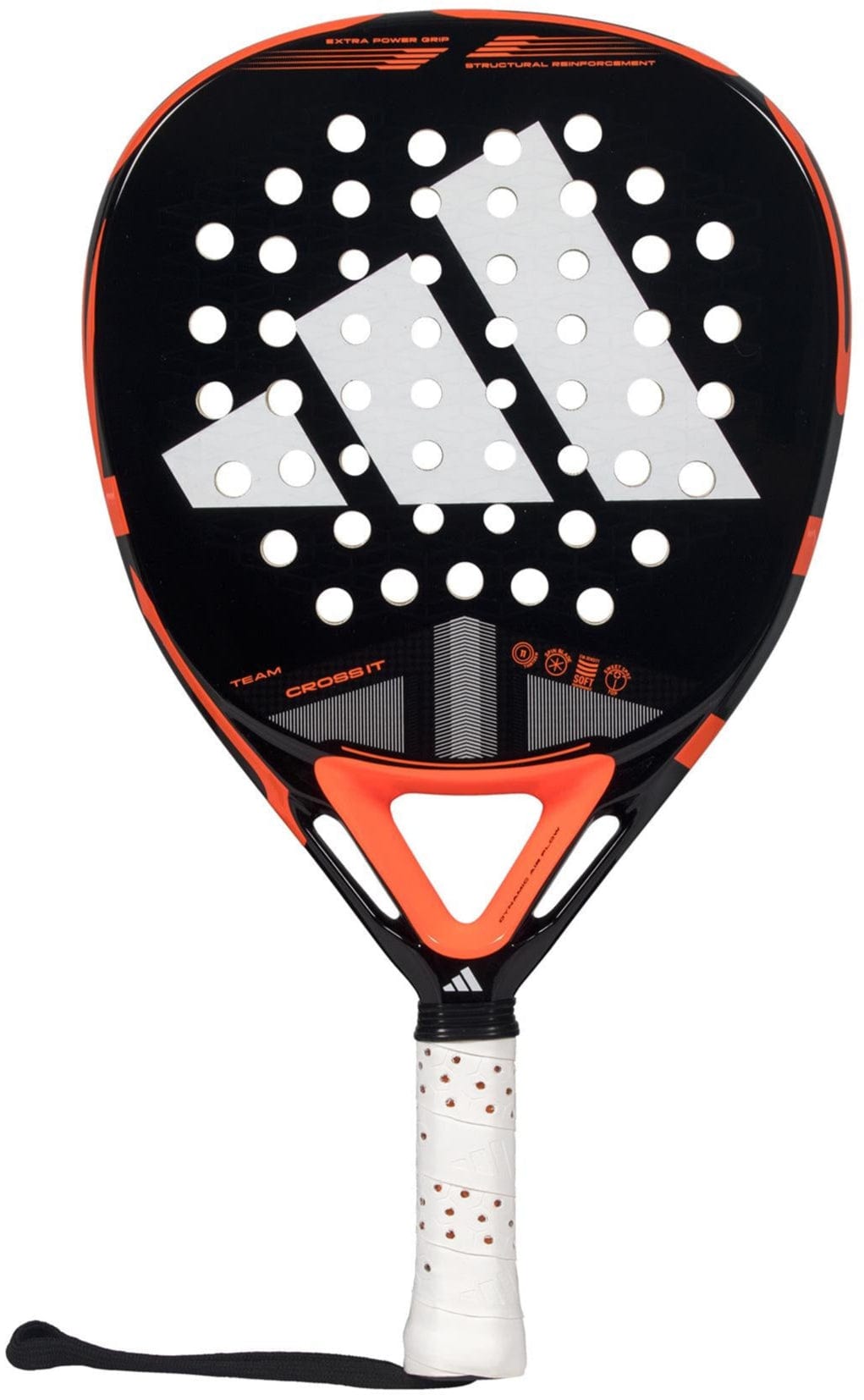 The adidas Cross It Team 3.4 Padel Racket is an advanced black and orange racket with white angular stripes, multiple round holes, a white grip, and a visible wrist strap at the handle for added power and control.