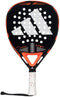 The adidas Cross It Team 3.4 Padel Racket is an advanced black and orange racket with white angular stripes, multiple round holes, a white grip, and a visible wrist strap at the handle for added power and control.