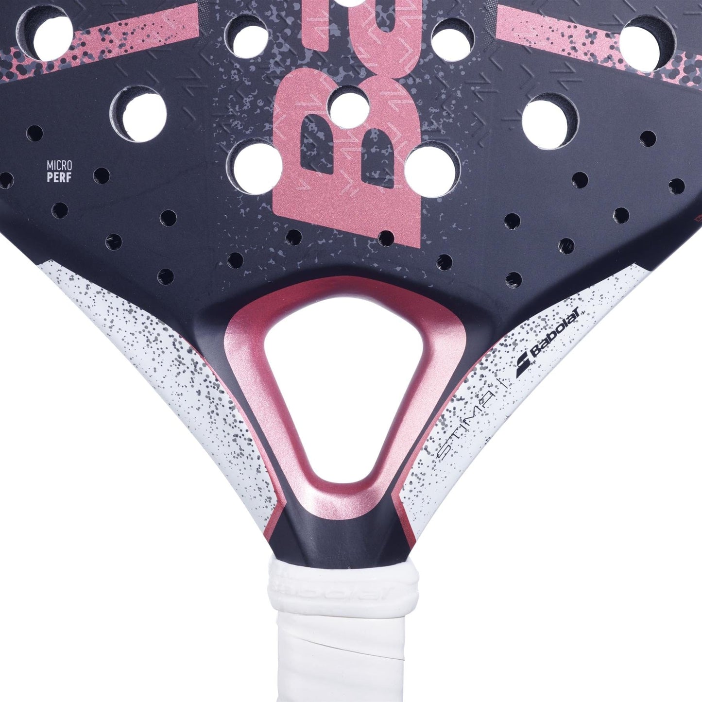 Close-up of the Babolat Stima Spirit Padel Racket by Babolat, a lightweight black and pink model with white speckles, triangular throat, round holes, white grip, visible brand logo, and "Micro Perf" text on the surface.